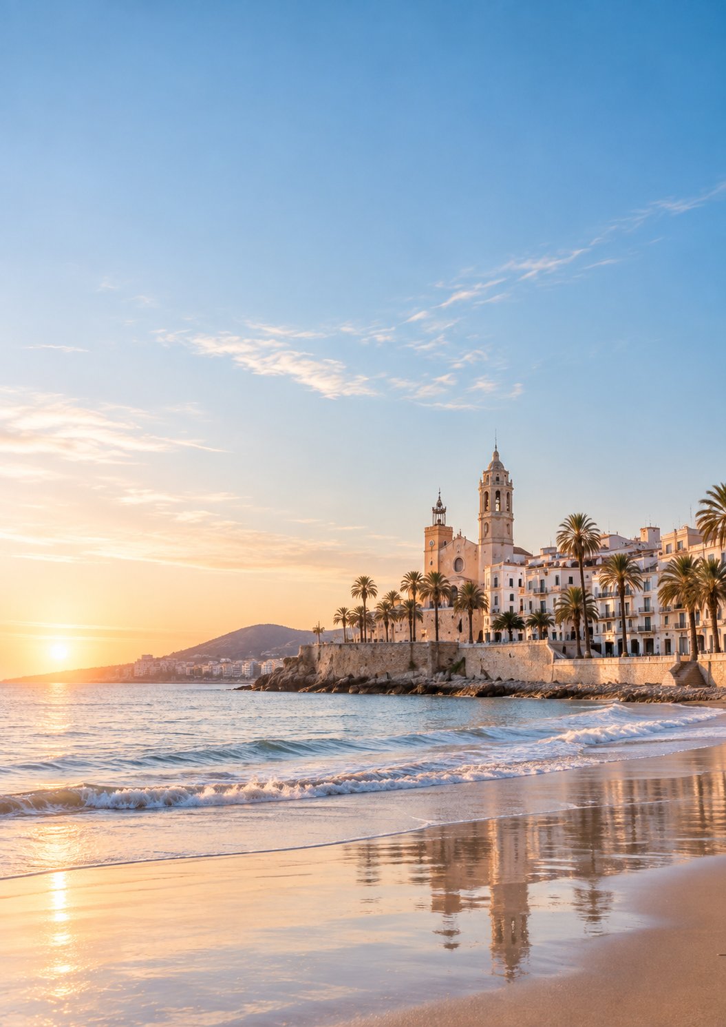 La playa de Sitges y la iglesia junto al Mediterráneo al atardecer